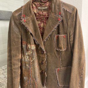 RAW 7 Womens Distressed Leather Frayed Brown Tattoo Leather Blazer/Jacket L